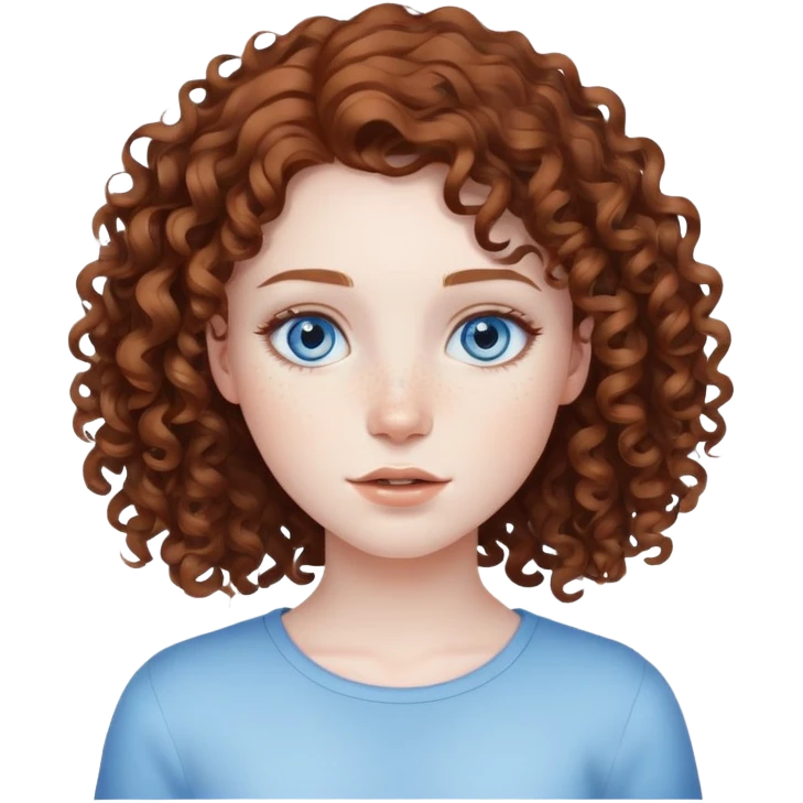 girl, curly brown hair, blue eyes, pale skin, freckles emoji