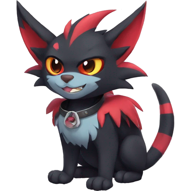 Black Anthro Cool Punk Noibat-Litten-Fakemon-fursona with fangs and red markings Full Body emoji