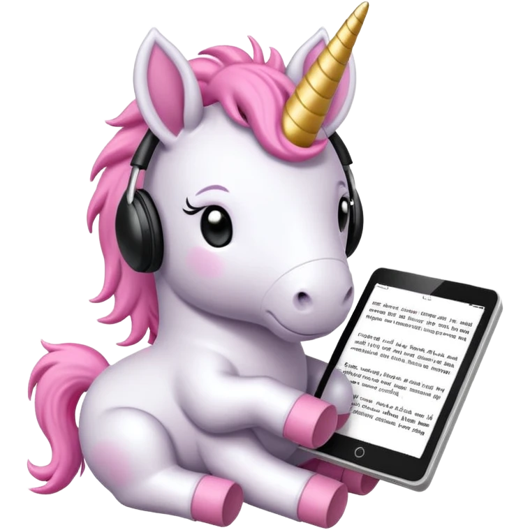 Emoji WhatsApp di un unicorno di peluche bianco con corno rosa, cuffie nere e e-reader. Stile vettoriale pulito, forme arrotondate, colori morbidi, espressione dolce, sfondo trasparente. emoji