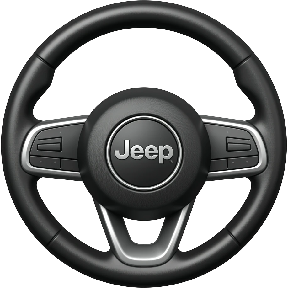 3D rendered emoji style Jeep Cherokee steering wheel, front view, clear Jeep logo in the center, clean background. emoji