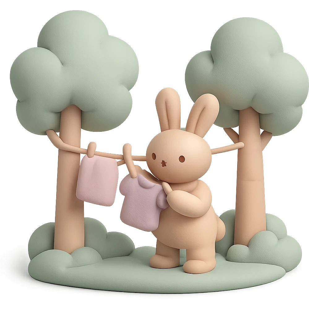 bunny hanging laundry between trees, calming domestic forest feel, soft pastel colors, cushion style emoji