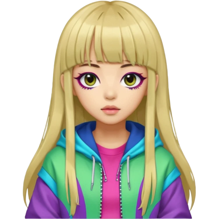  portrait-of-a-alien-k-pop-idol,-wearing-a-stylish-streetwear-outfit-with-layered-colorful-clothing,-long-hair-with-bangs,-makeup,- emoji