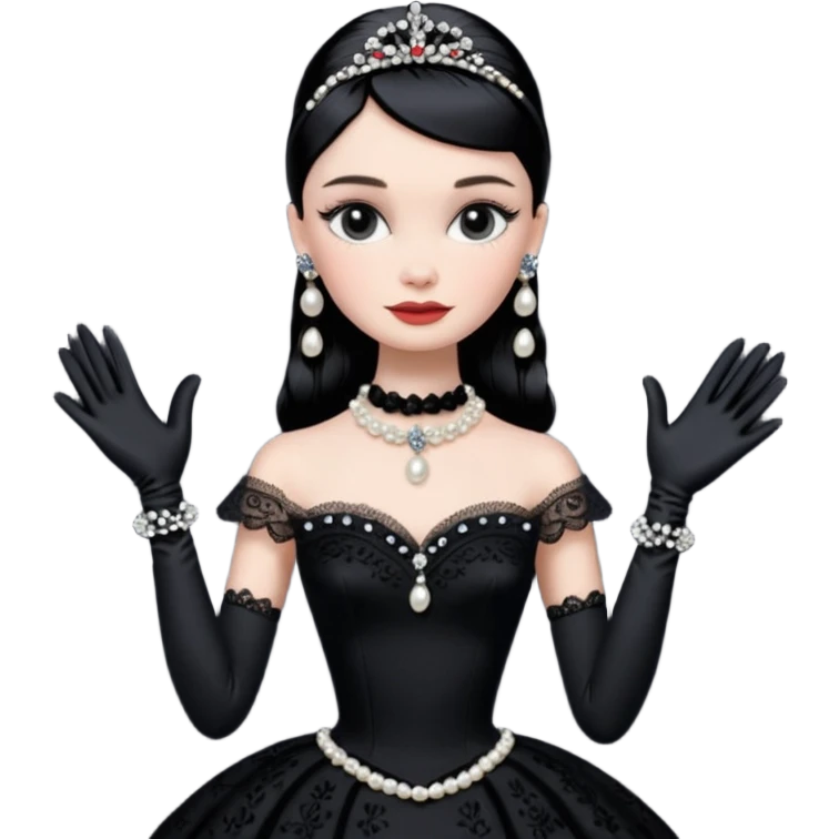 Audrey Hepburn as Sabrina Barbie.Wednesday Addams. Show full body wearing Embroidered long black gown jewelry gloves pearl earrings  emoji