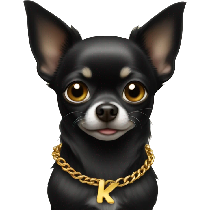 Black chihuahua wearing golden chain with letter k emoji