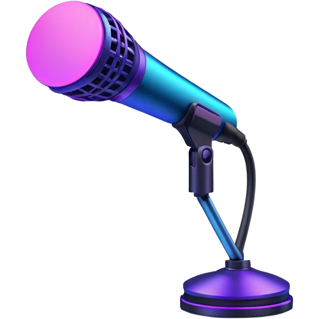 desktop studio microphone in profile view with neon glow effect, blue and purple neon glow on top left, pink neon glow on bottom right emoji