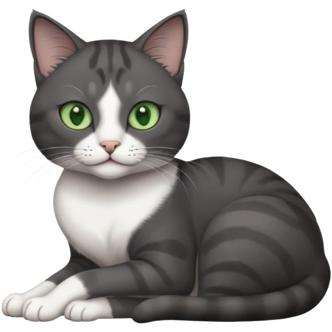 beautiful female solid dark grey cat with green eyes, white toes/paws and white patch on her chest rolling over emoji