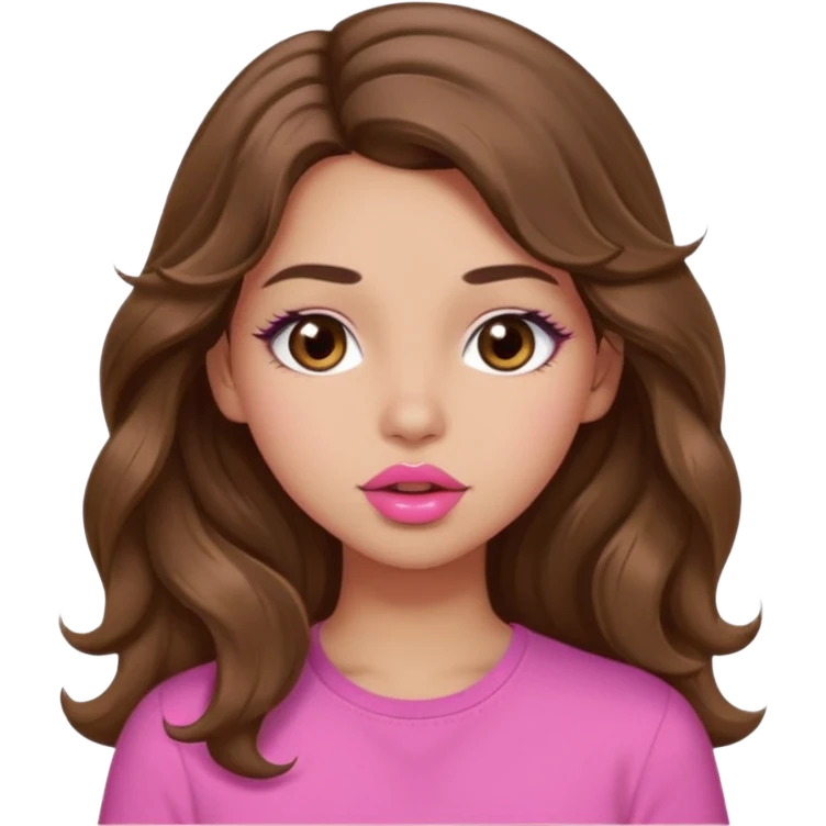 girl with long wavy brown hair, brown eyes, light to medium complexion, in a pink shirt, pink lips, long lashes, puckering up for a kiss emoji