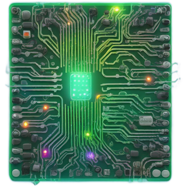 circuit board with glowing rainbow lights, simple, isometric emoji