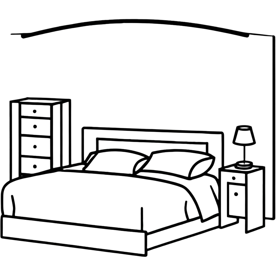 clean bedroom with white walls, bed, nightstand and dresser emoji