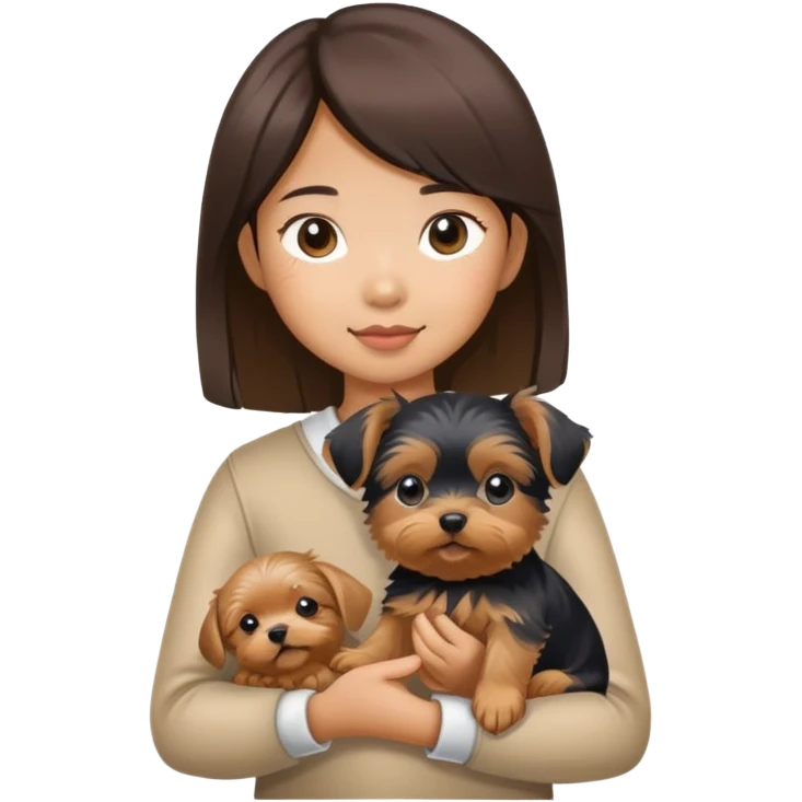 an asian girl holding a yorkie puppy emoji