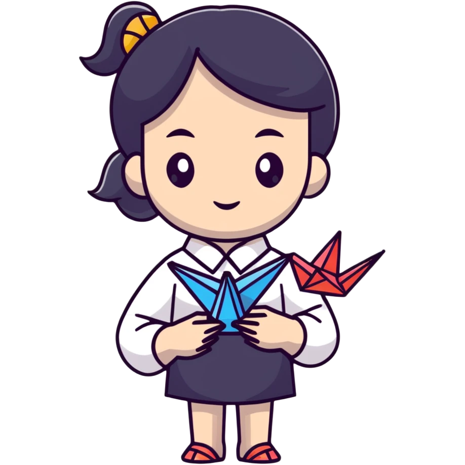 Ukrainian young girl in a white embroidered traditional shirt (vyshyvanka) holding origami paper crane emoji