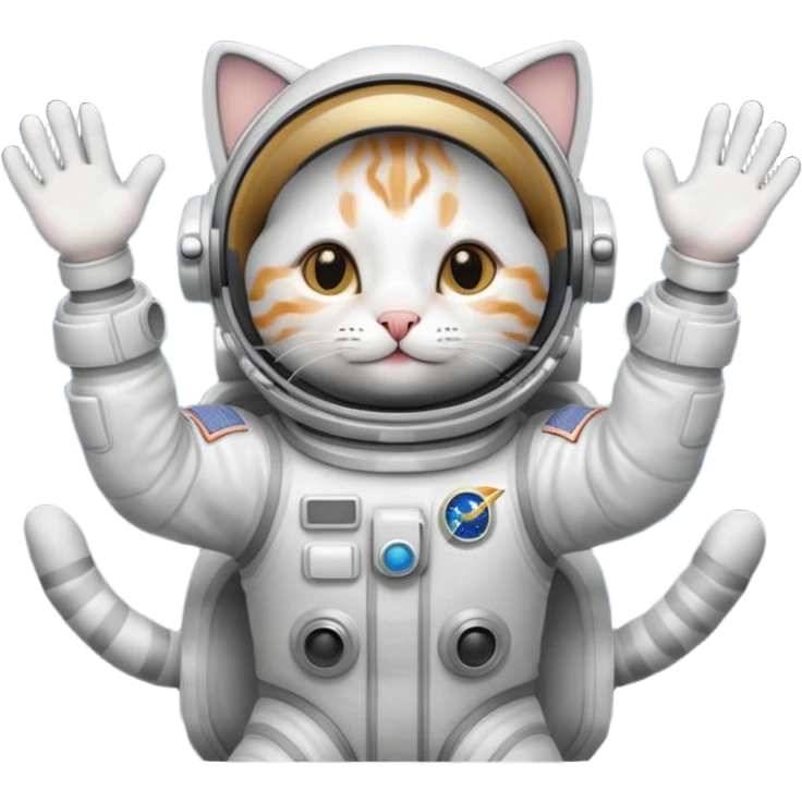 astronaut cat emoji, highly detailed, looks too good, fond of space and astronomy, wearing a space suit, floating among stars, expressive and charming, waving hello emoji