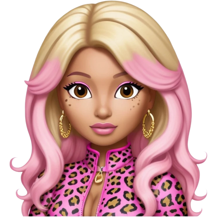Nicki Minaj wearing a pink leopard print outfit with hair that is half blonde and half pink emoji