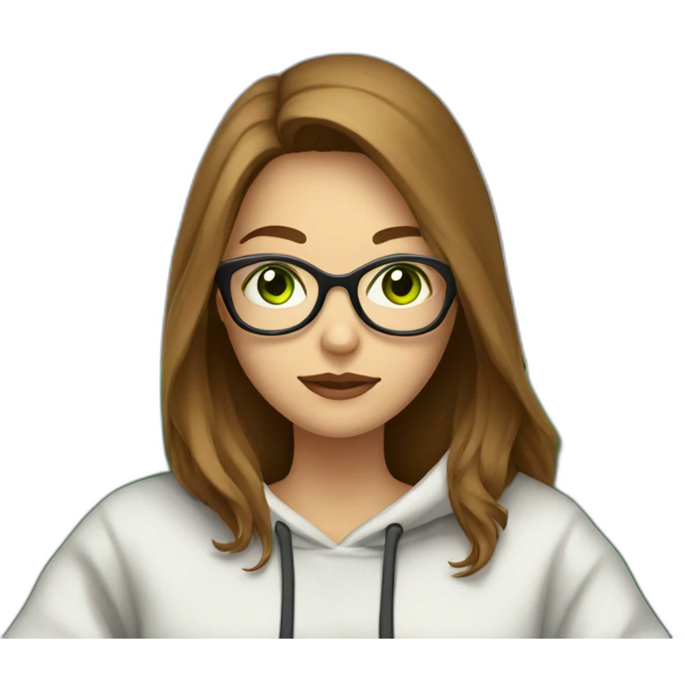 a white wearing girl glasses and a hoddie with green eyes and brown long hair sitting on a couch watching tv emoji