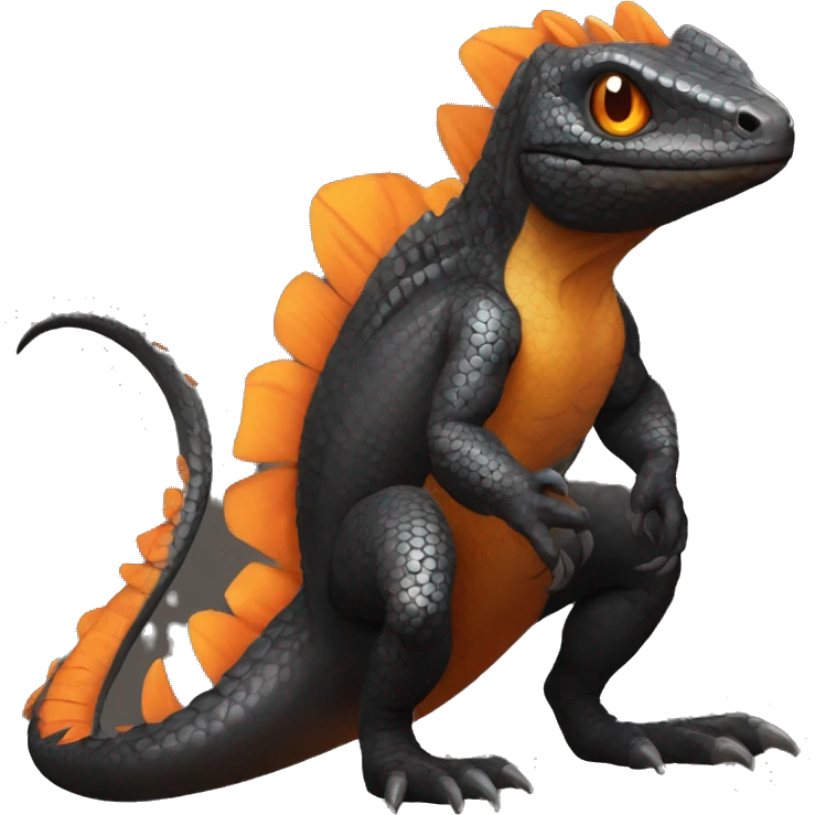 Black Shiny Lizard-Reptile-Raptor-Fakémon with Orange belly Full Body emoji