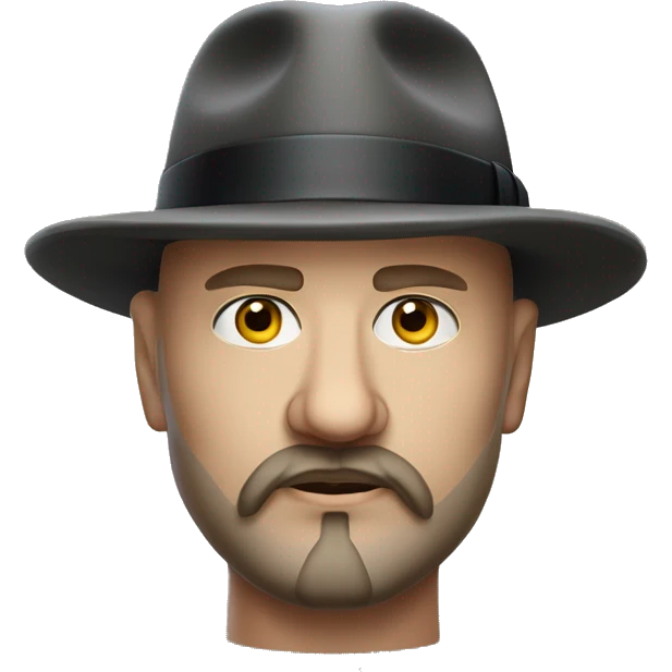 Photorealistic, realism, serious man A plump bald man of Slavic appearance with a goatee beard and mustache, wearing a fedora hat XX century emoji