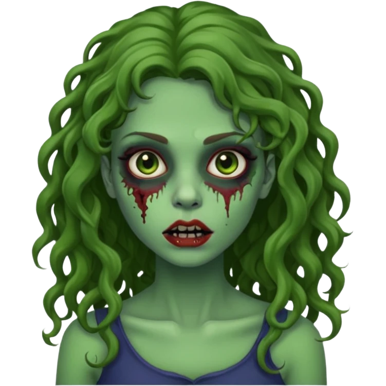 faça uma garota zombie, com a pele verde, cabelo castanho cacheado abaixo do ombro linda emoji