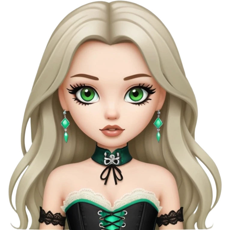 pretty bratz girl, long straight light ashy brown hair, jade green eyes, black eyeliner, pale skin, black corset clothes with laces emoji