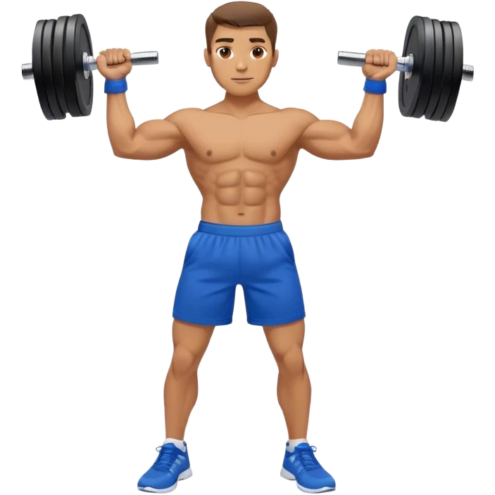 man with blue shorts doing side-lateral raise (T pose) with light dumbbells unbent elbows emoji