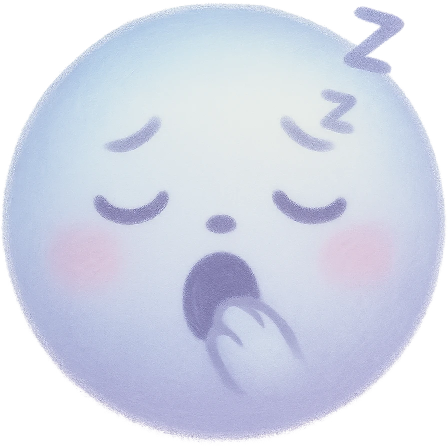 cute emoji, round face, sleepy eyes, tiny yawn, soft blue and lavender emoji