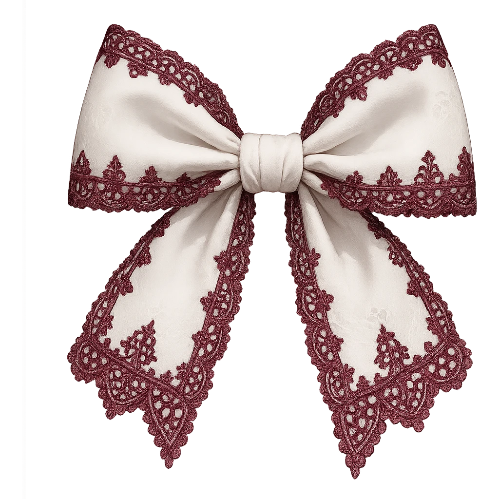Edit the image to depict a white gothic bow with lace details and dark pink accents, in a general style. Remove the background. emoji