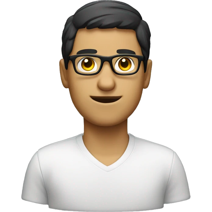 a guy with black squared glasses, half raced on a computer coding emoji