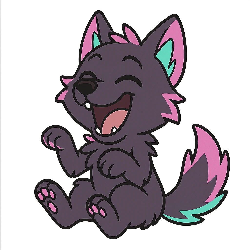 cute wolf pup with dark purple fur, neon mauve and neon teal highlights, laughing out loud, comic style emoji