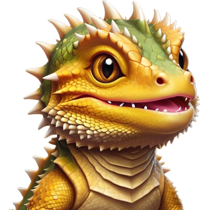 Cinematic Cute Bearded Dragon Portrait Emoji, Head tilted playfully and inquisitively, featuring a glossy, scaled hide in warm olive hues with an adorably scrunched spiky beard and round, sparkling eyes full of curious mischief, Simplified yet irresistibly adorable features, highly detailed, glowing with a warm, friendly glow, high shine, affectionate and lively, stylized with a touch of rugged whimsy, bright and endearing, soft glowing outline, capturing the essence of a mischievous yet loving dragon, so playful it feels like it could scamper out of the screen into your arms! emoji