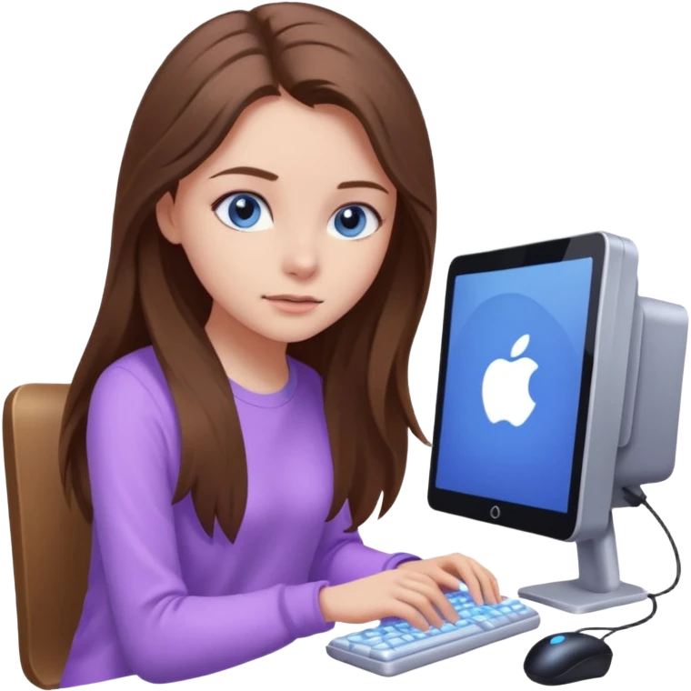 beautiful girl with long brown hair, blue eyes and wearing light purple clothes playing computer games emoji