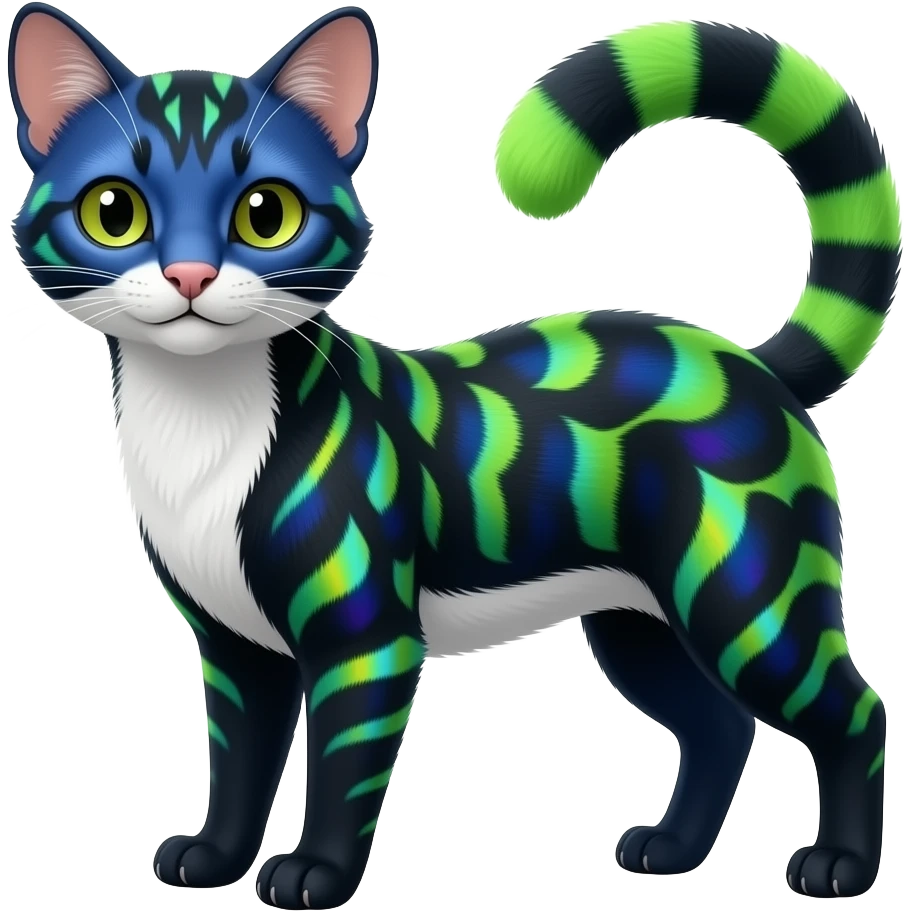 Colorful petite neat pretty gracious shiny realistic silky tropical thin exotic beautiful lanky gradient-colored cobalt-blue-obsidian-black-neon-green-gradients, with white underside, iridescent glorious fantasy-civet-genet-Cacomistle-oncilla-animal-hybrid with pattern markings (full body) emoji