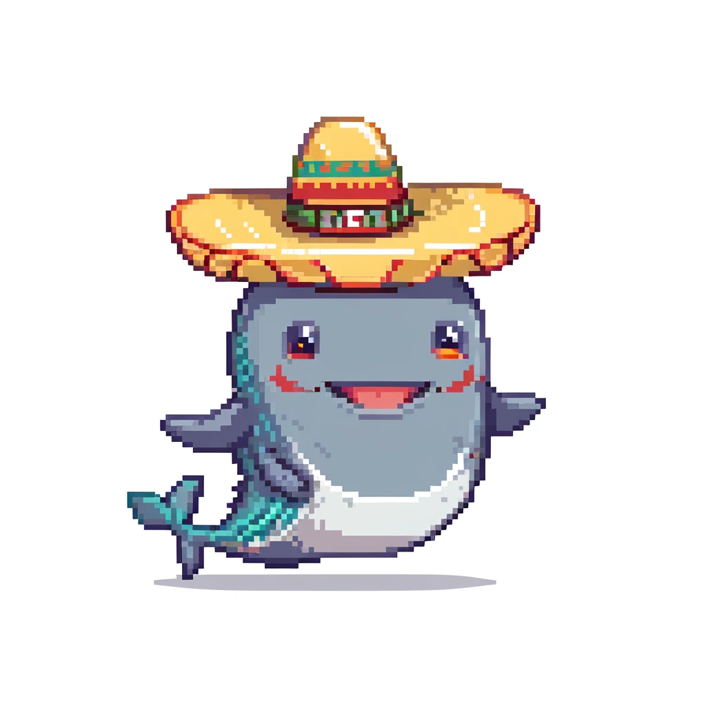 A happy whale wearing a large Mexican sombrero hat, playful character emoji