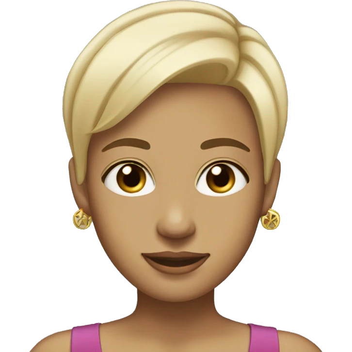 Blonde, short straight hair, brown eyes, wearing cross earrings, fair skin emoji