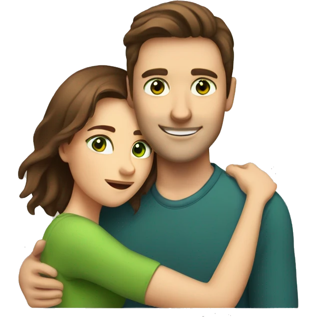 Man with brown hair and green eyes  hugs woman with brown hair and brown eyes emoji