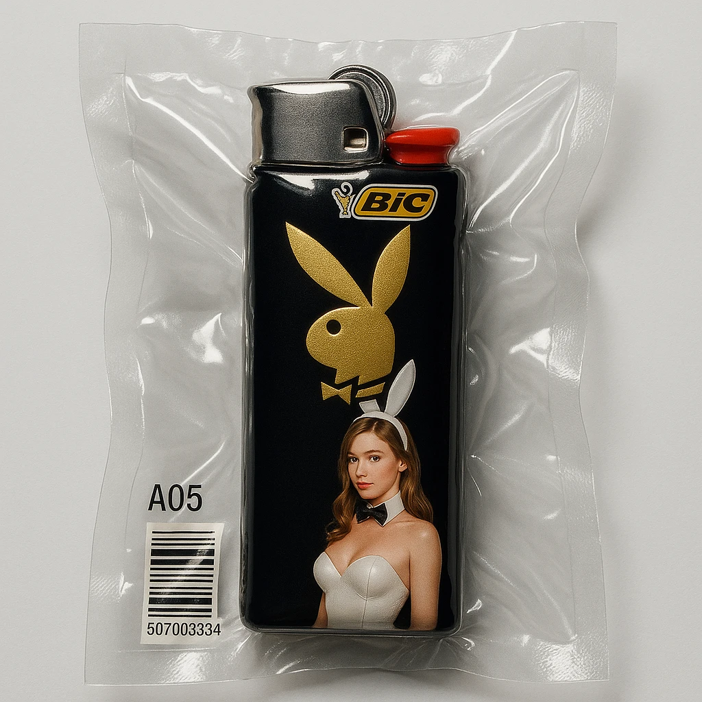 BIC lighter, glossy and puffy, with a gold Playboy Bunny logo and a model in a white bunny suit emoji