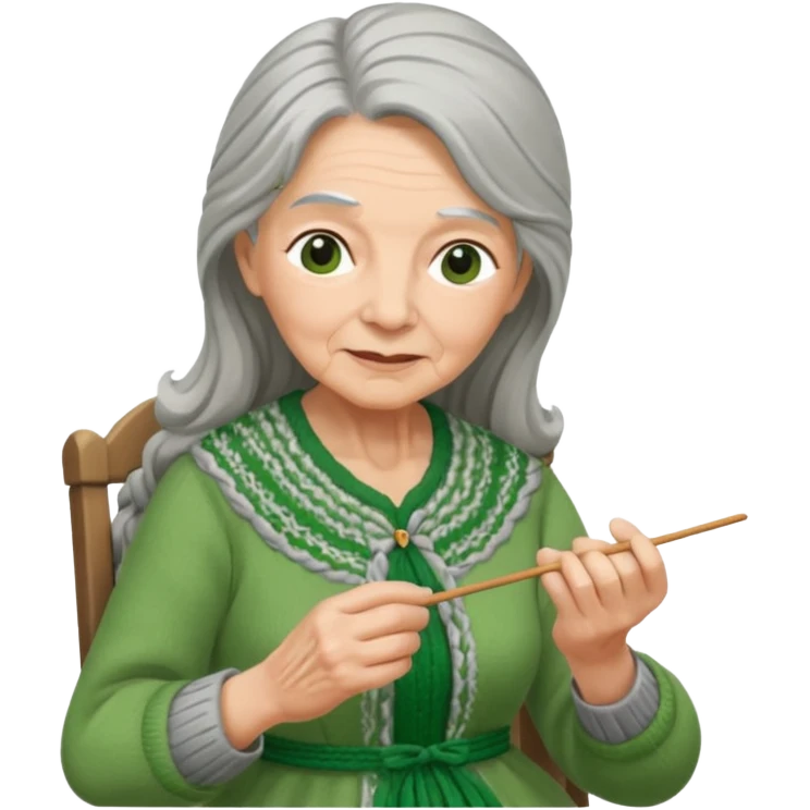 elderly women  working knitting in long hair green dress emoji