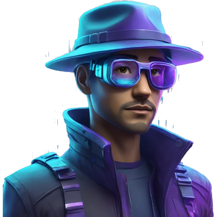 Secret human agent in a hat with  cyberpunk elements in VR googles scanning looking reviewing multicolor lines of code, cyan and purple colors, only upper body portrait emoji
