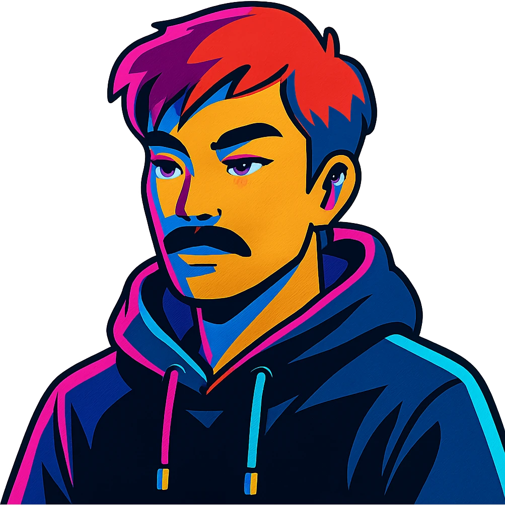 Asian man with black mustache, red hair, black hoodie, in vibrant neon-lit 80's cyberpunk anime style emoji