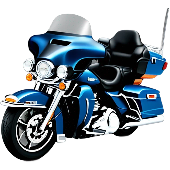angled view of a harley davidson electra glide ultra classic with big blue pearl and vivid black two color paint scheme with midsize recurve windshield, two antennas, and an older caucasian man without a helmet sitting on the front seat. emoji