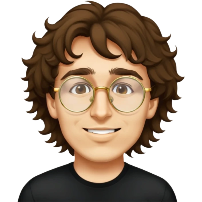 male, round gold glasses, black tshirt, wavy hair emoji