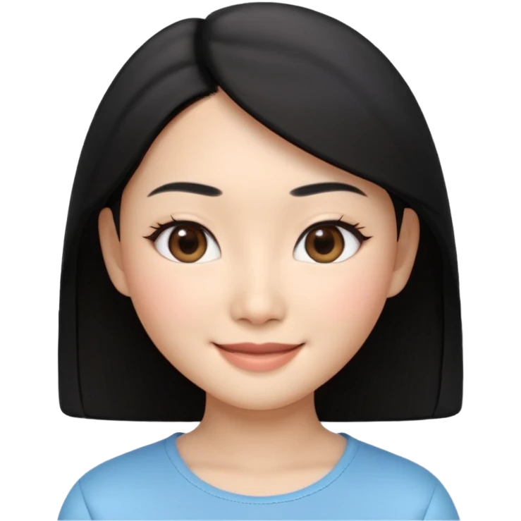 Apple Memoji style, young Asian woman, almond eyes, black hair,
smiling, smooth 3D render, soft gradients, white background,
square format, no text
 emoji