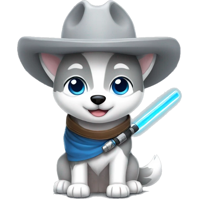 Gray Siberian Husky with blue eyes Jedi holding lightsaber cowboy hat  emoji