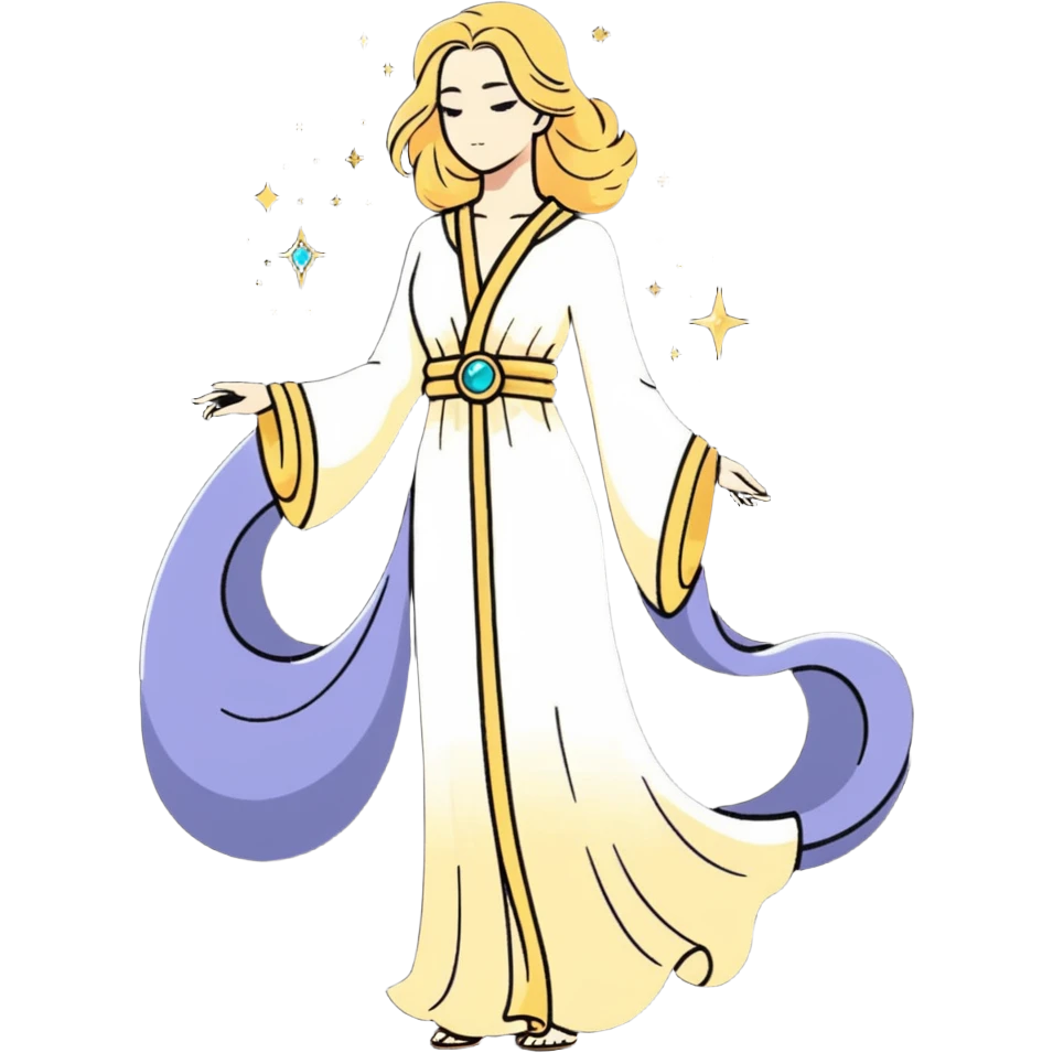 fullbody universe goddess Sophia, Ethereal Light Being, Made of starlight and fractals, Glowing white/gold skin with flowing translucent robes, Hair like galaxy mist, Jewelry made of stars and crystals emoji