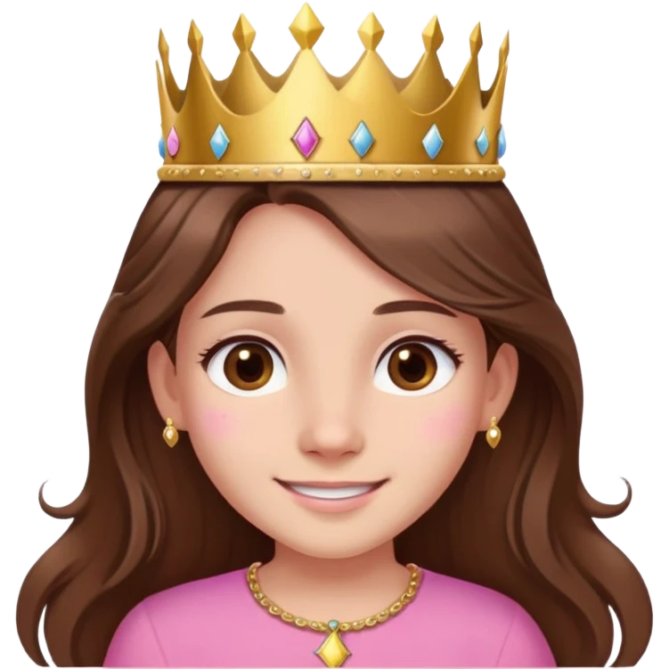girl with long brown hair, brown eyes, wearing a pink shirt and a crown, with a birthmark on the left side of her nose, smiling, birthday theme emoji