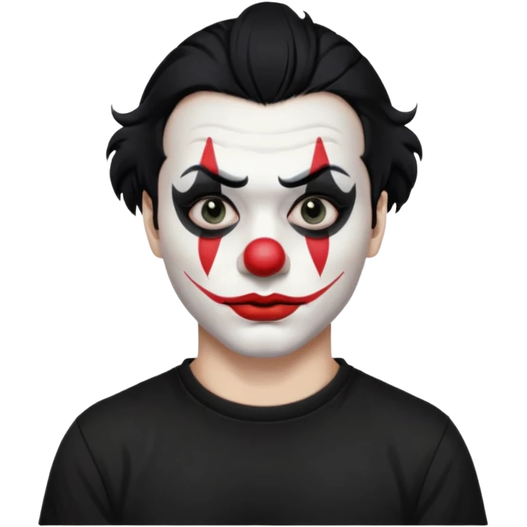 man with black hair only black and white clown makeup black eye makeup black lipstick black t-shirt emoji