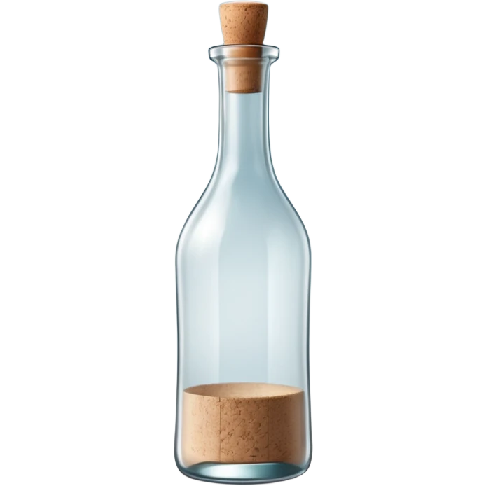 tall slender glass bottle with long neck and simple cork or screw cap, clear or frosted glass with transparent colorless liquid inside, elegant subtly curved silhouette, no label, no fruit, no extras, soft lighting, subtle shadows, emoji scale emoji