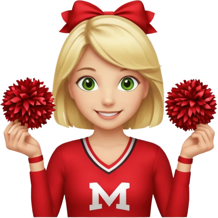 Cheerleading red uniform pom-poms blonde hair green eyes smiling  emoji