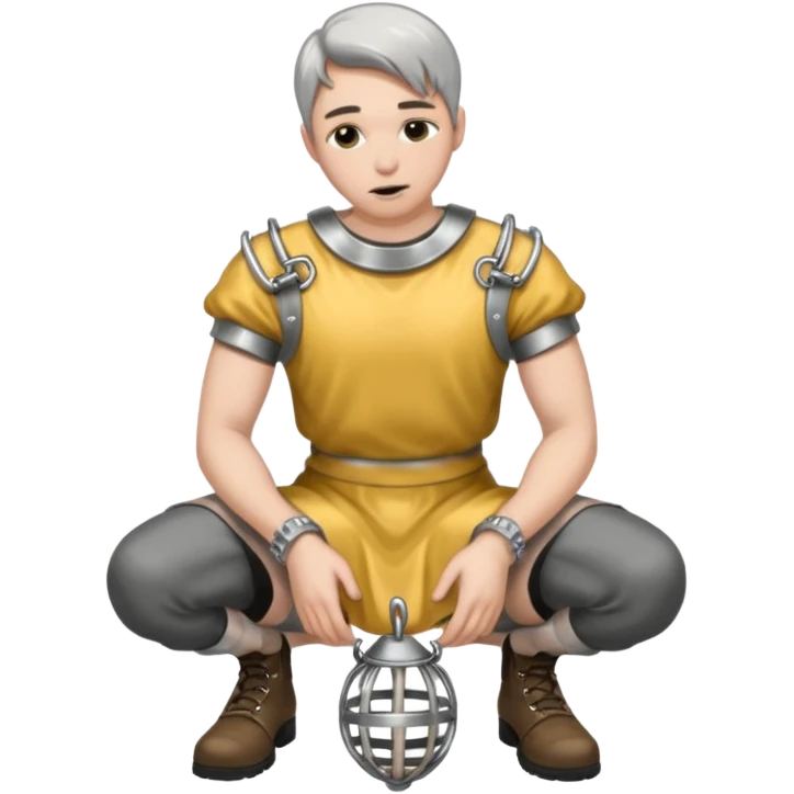 Submissive man on knees wearing female clothes and chastity emoji