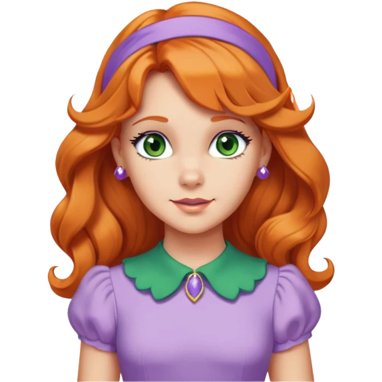 daphne blake long orange wavy hair with lilac headband, green eyes and cute lilac dress with green collar from scooby doo  emoji