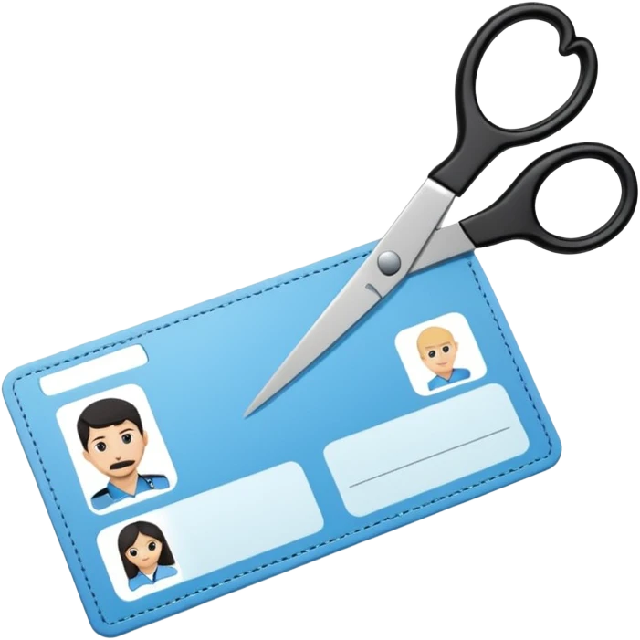 black Scissors cutting a light blue idf ID card in 2 parts .hyper realistic emoji
