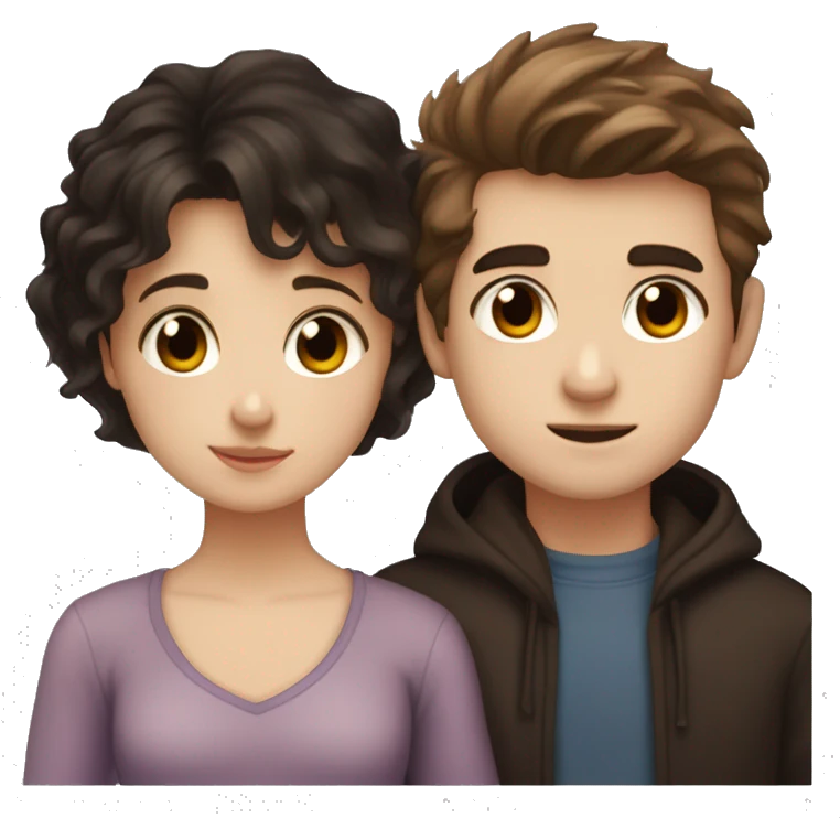 A dark brown straight haired girl with hazel eyes and pale skin beside a poofy haired super dark-haired boy with brown eyes and pale skin, they are  cuddling emoji